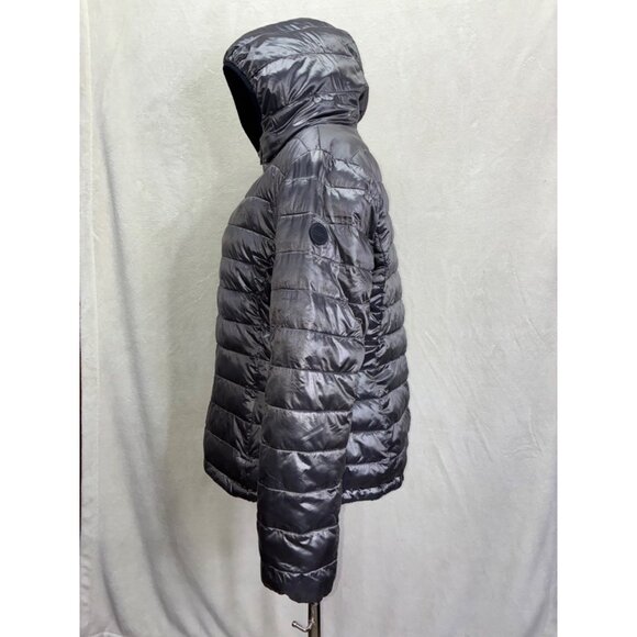 Andrew Marc Hooded Gray/Black Reversible Puffer Faux Fur Jacket Coat Sz L #o - Picture 5 of 11